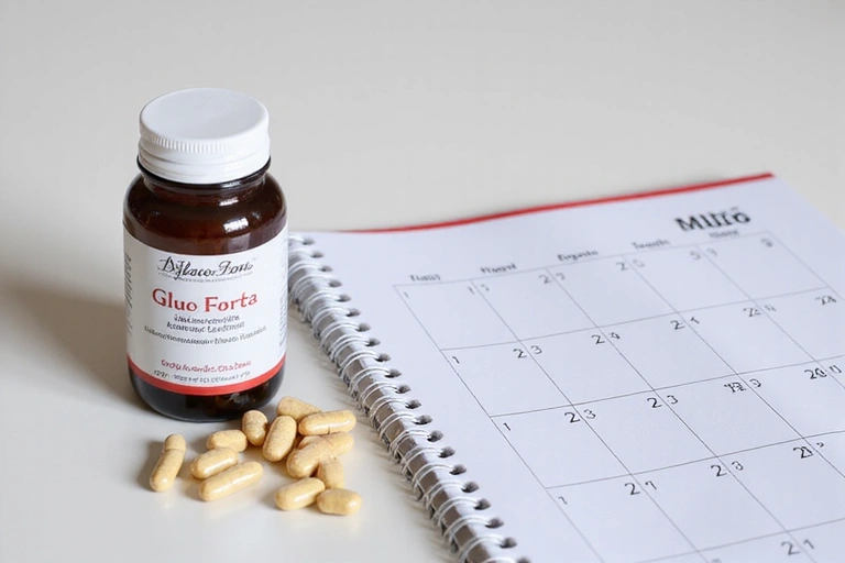 Flacon de GlucoFord cu capsule, lângă un calendar care arată 30 de zile.