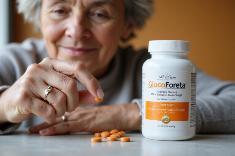 Persoană în vârstă care ia o pastilă, simbolizând utilizarea suplimentului GlucoFord.
